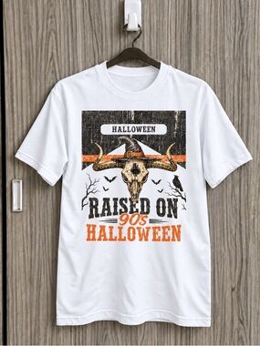 Raised on 90s Halloween Graphic White Tee for Unisex
